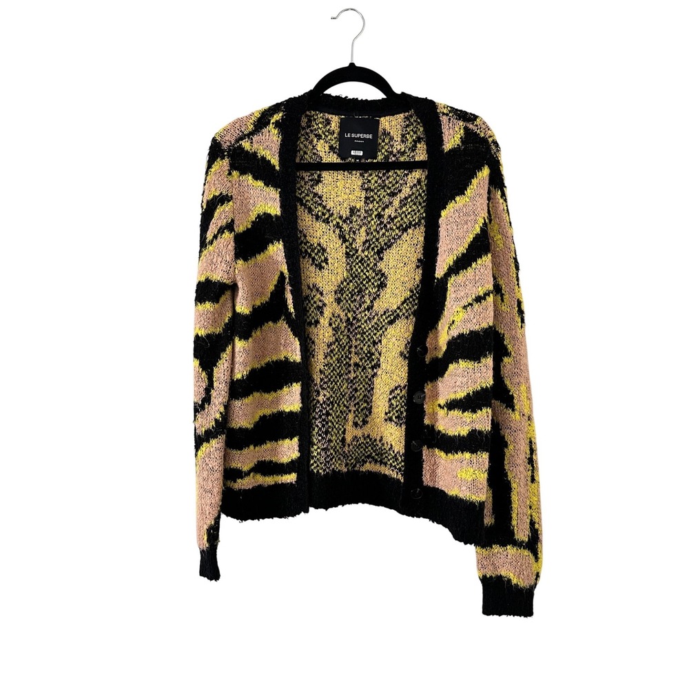 LE SUPERBE Women's M Fuzzy Tiger Stripe Cardigan‎ Sweater